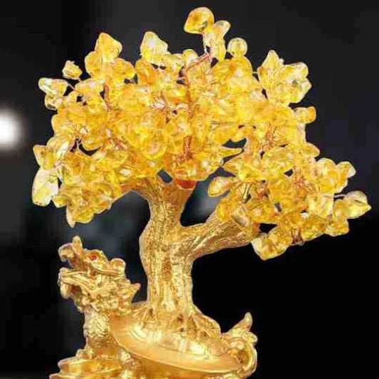 Citrine-coloured resin Feng Shui ornament with small water turtle and money tree design measuring 18x11x23cm