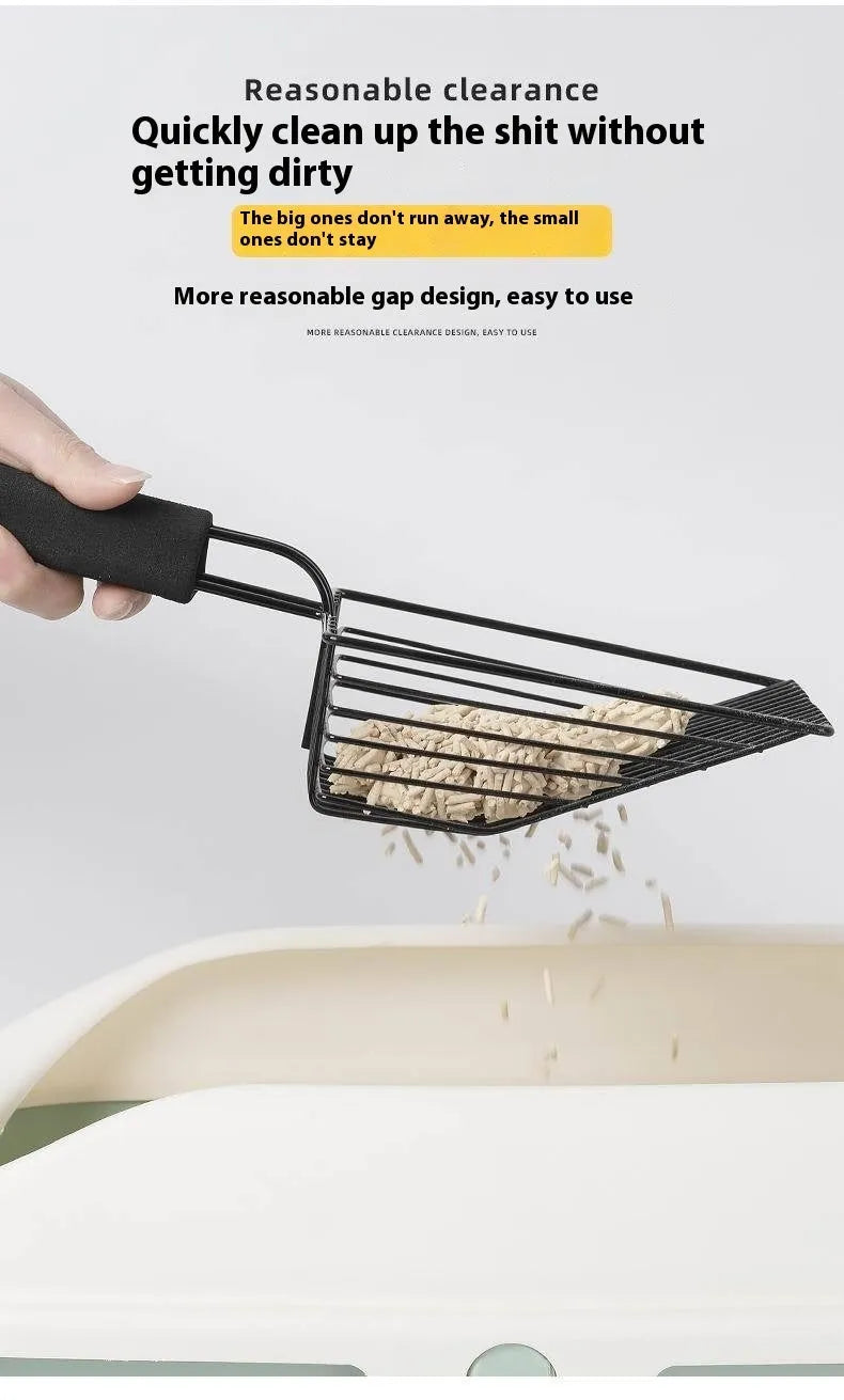 Black metal cat litter scoop with narrow tines for sifting waste from litter