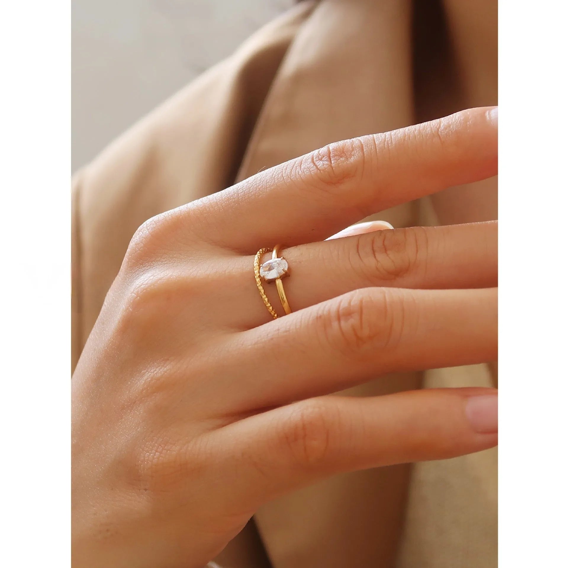 Golden electroplated stainless steel ring with love heart and oval designs for women