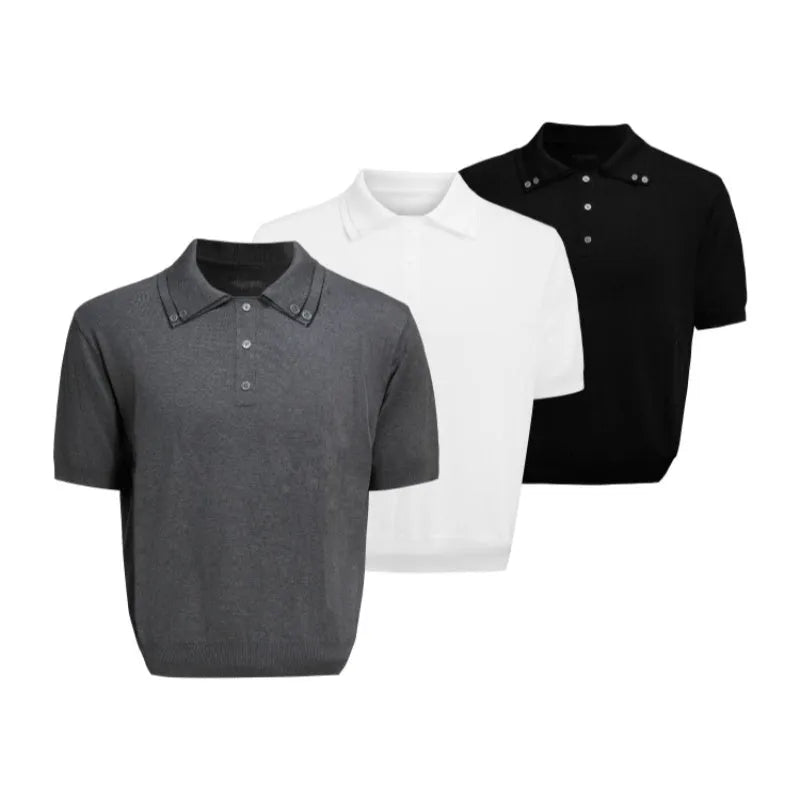 Men's ice feeling knit short sleeve shirt with double collar design in black colour