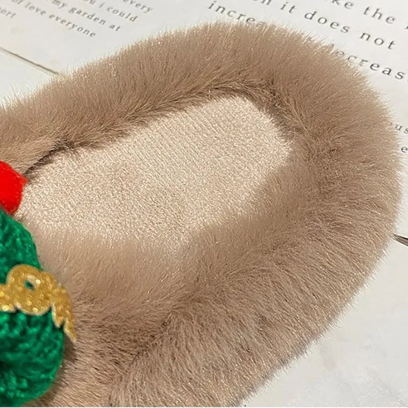 Women's Christmas hat-themed slippers in faux plush, shown in black, khaki and white colour options.