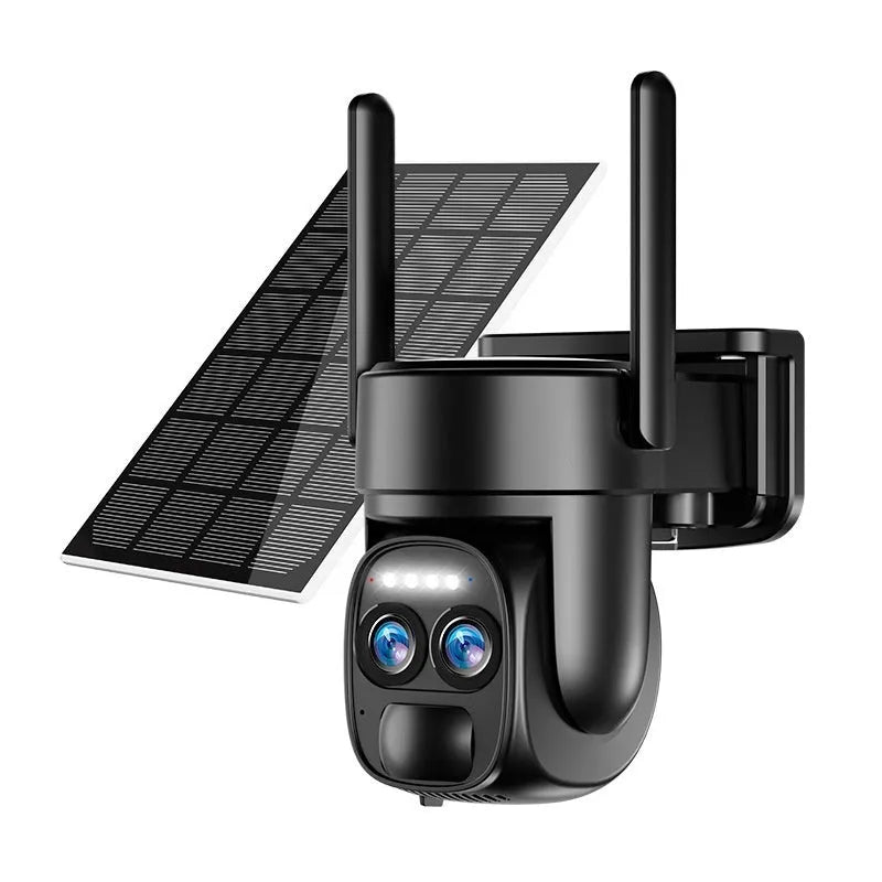 Solar panel mounted on a security camera with zoom lens for outdoor surveillance