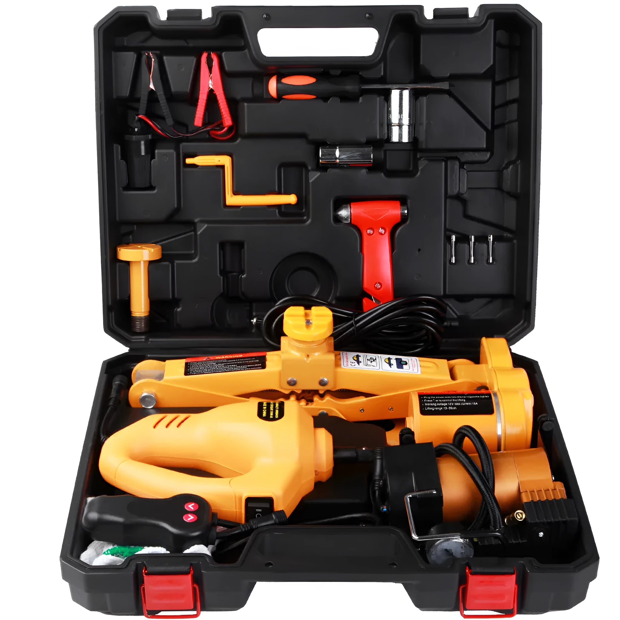 Yellow electric car jack set with matching power wrench for vehicle maintenance