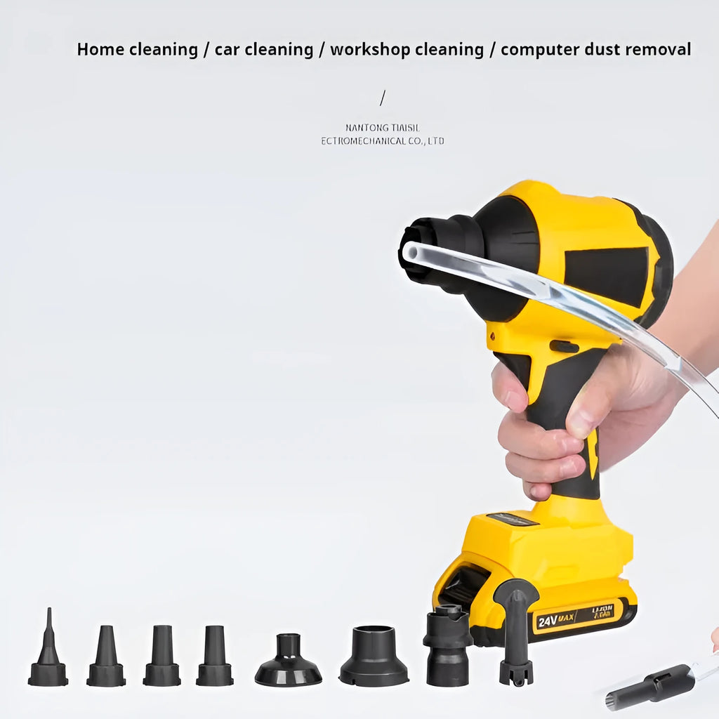 Yellow cordless lithium battery dust gun for blowing and suction cleaning.