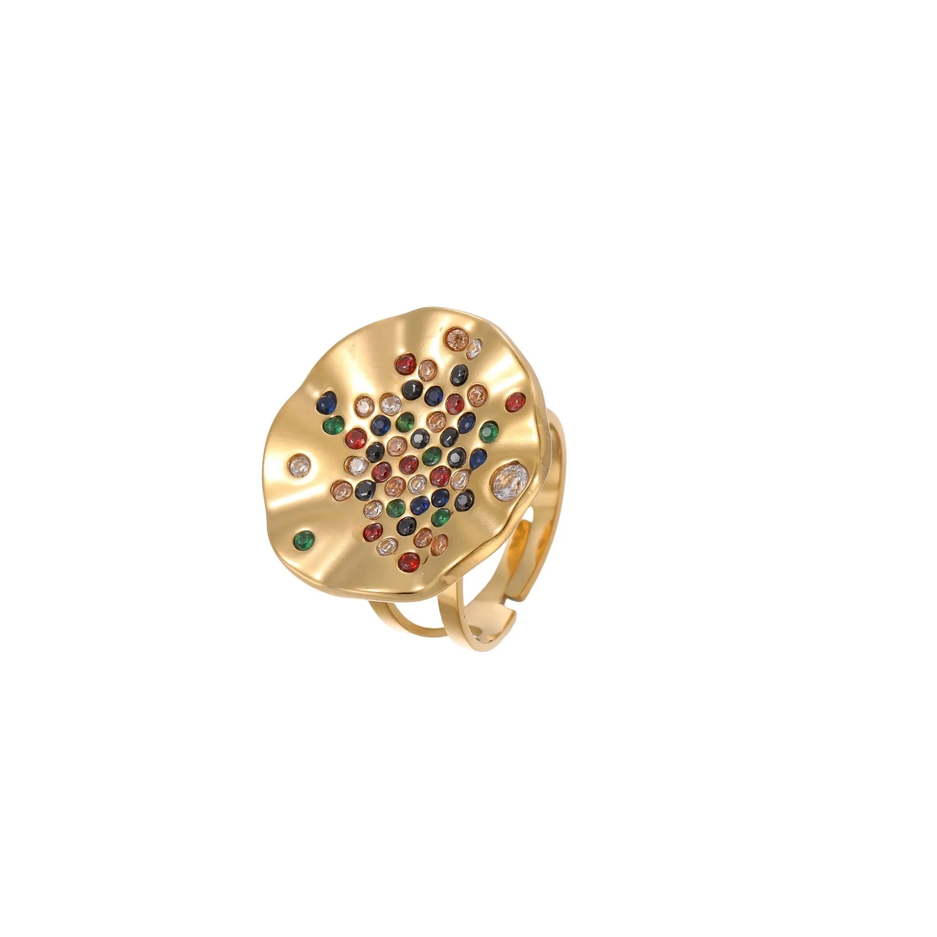 Geometric titanium steel ring with pleated diamond detailing and adjustable open mouth design