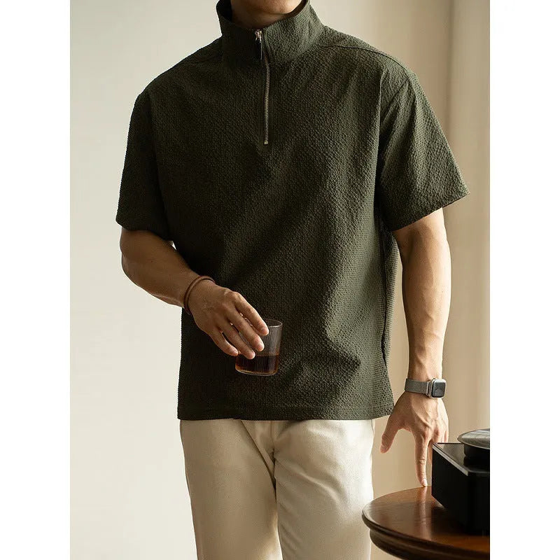 Men's cedar green loose fit short sleeve summer shirt with quick-drying ice silk fabric
