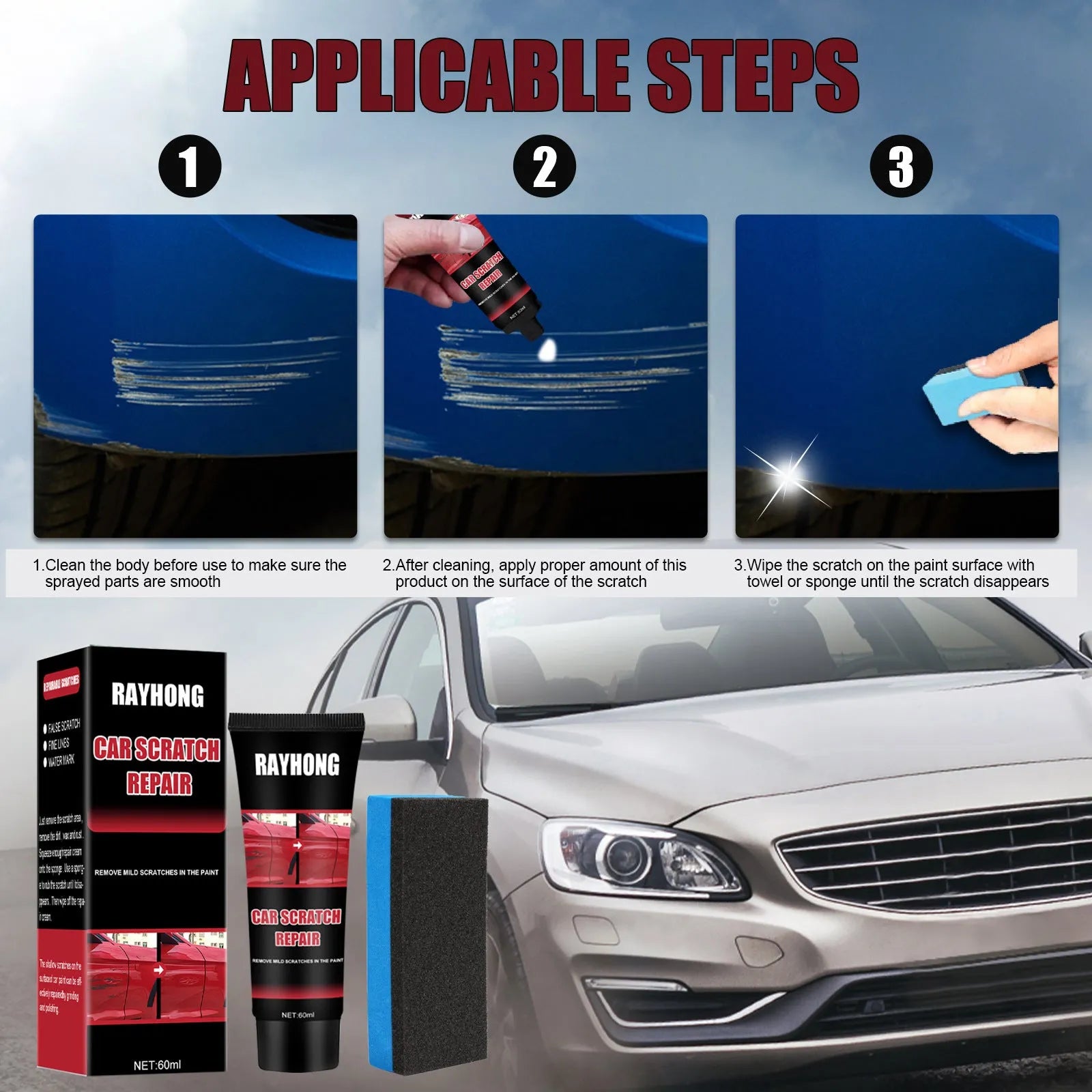 60ml car scratch repair wax pot with applicator tool for paint touch-up.