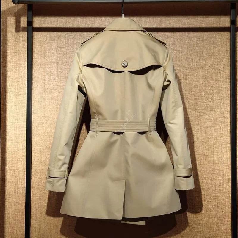 Khaki women's trench coat with double-breasted front and long flight sleeves