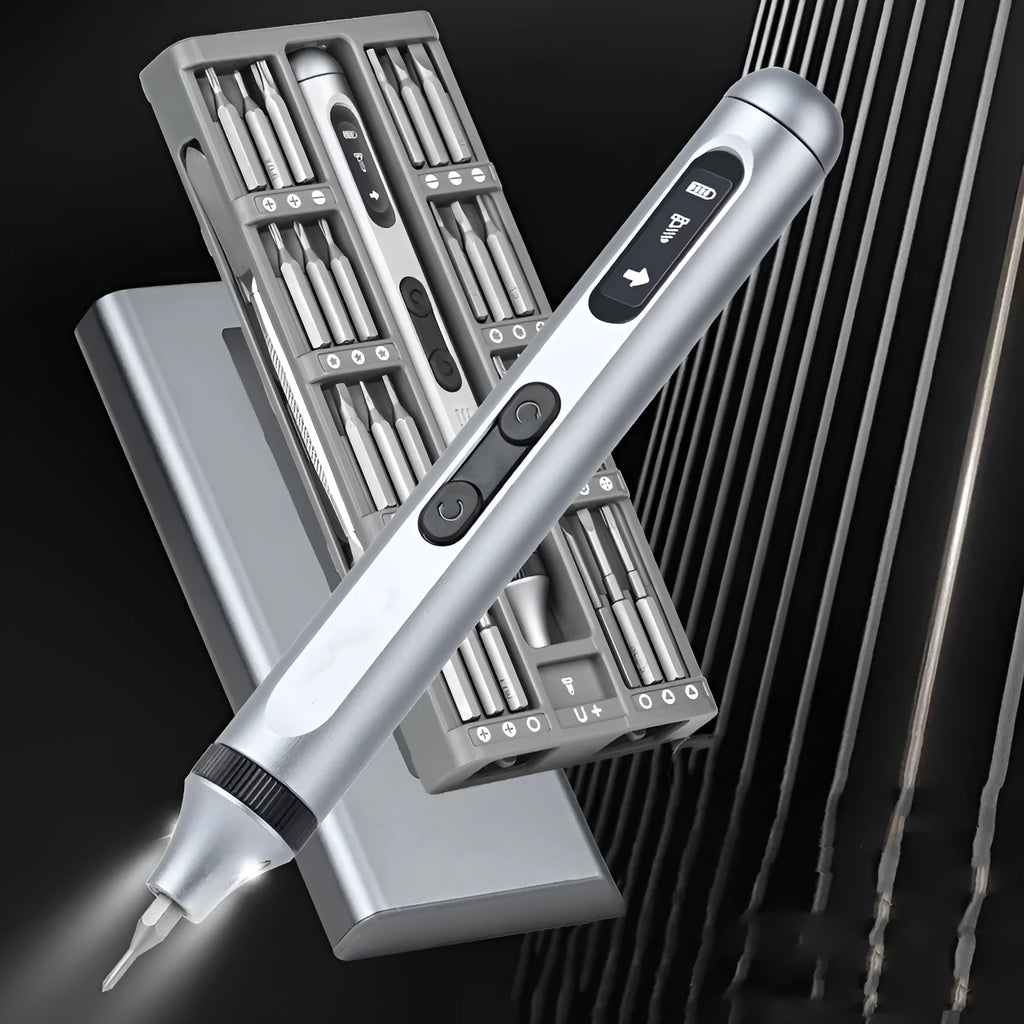Compact aluminium handled precision electric screwdriver on a workbench.