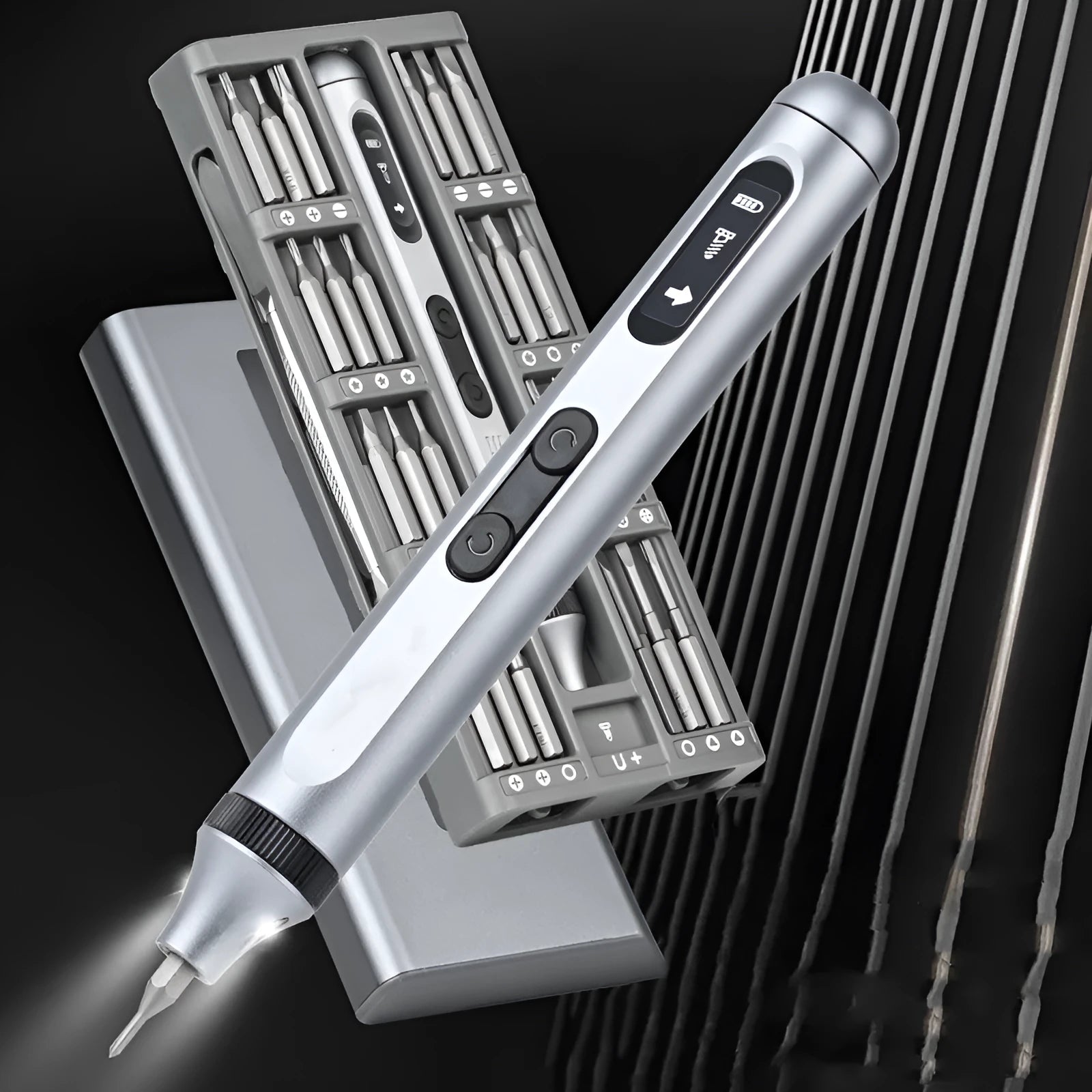 Compact aluminium handled precision electric screwdriver on a workbench.