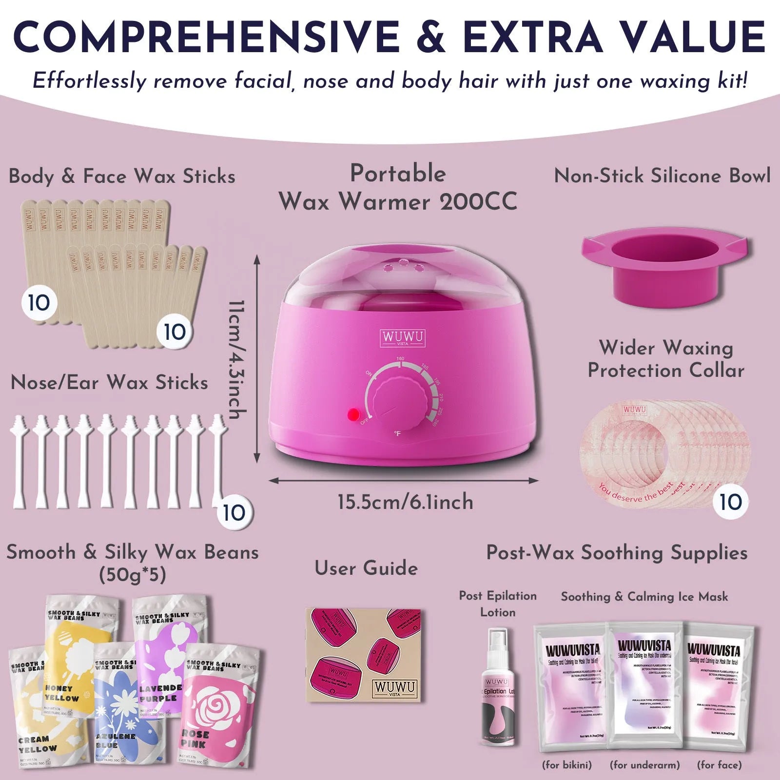 Professional waxing kit with wax warmer, hard wax beans, application sticks, and post-care products