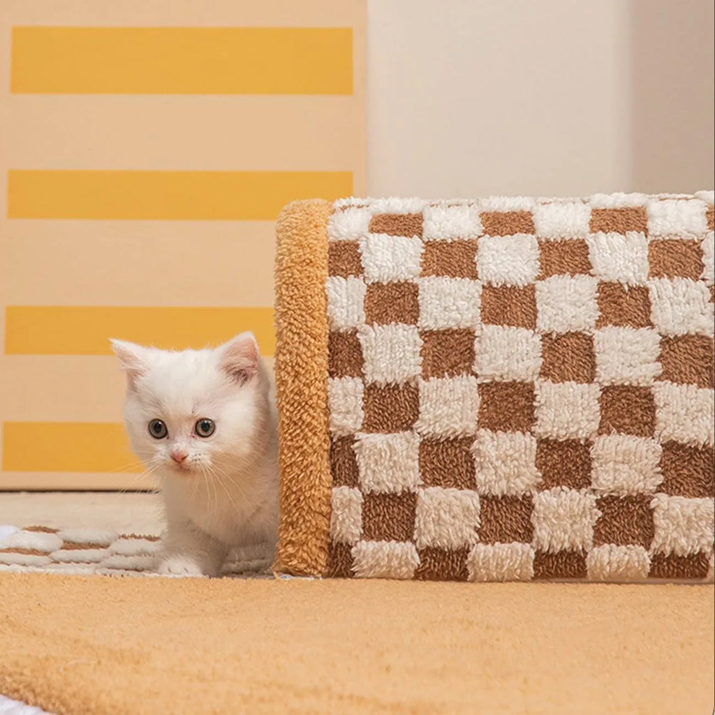 Fan-shaped plaid pet bed with attached tunnel for dogs and cats, coffee colour option