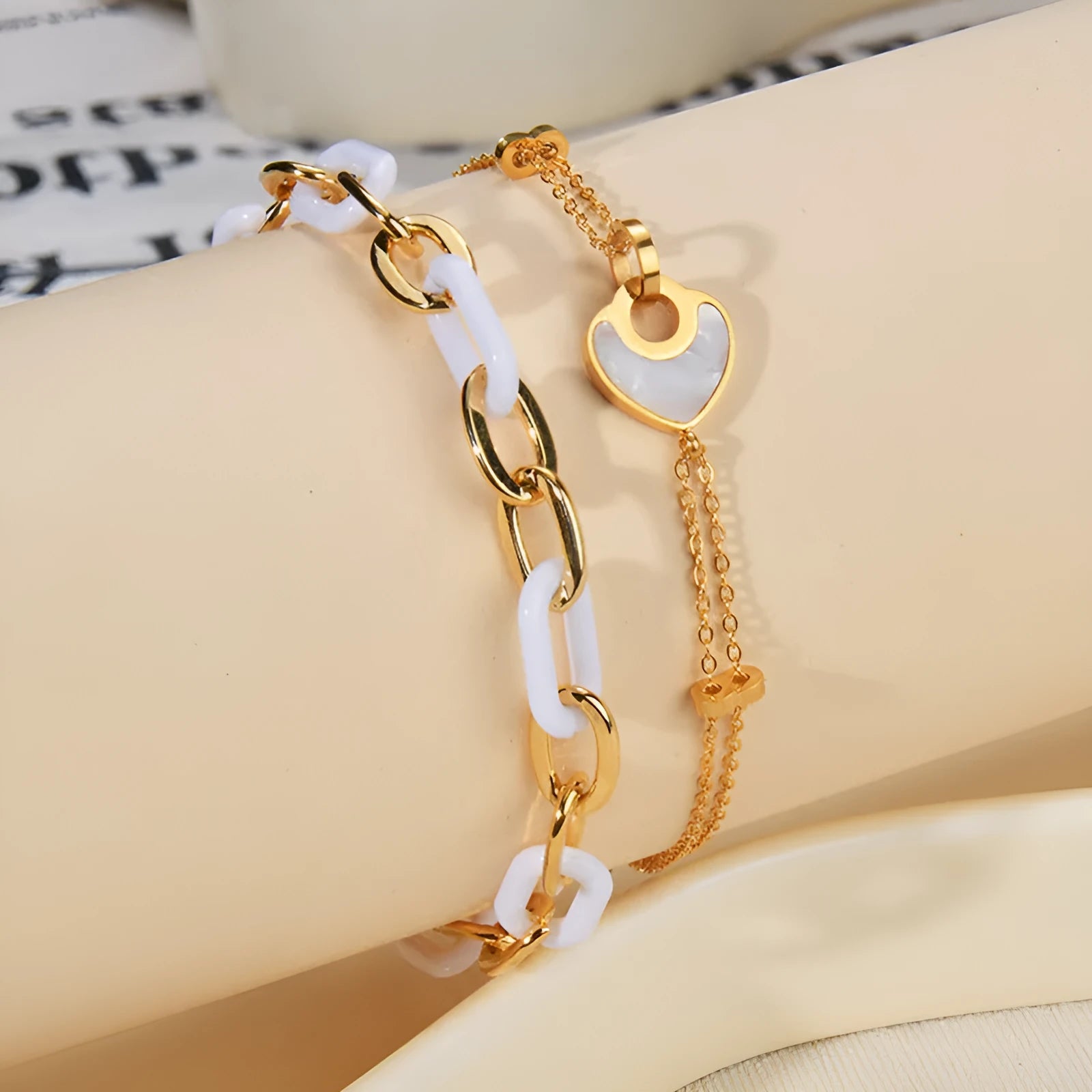 Stainless steel resin bracelet with double layers loving heart design for women