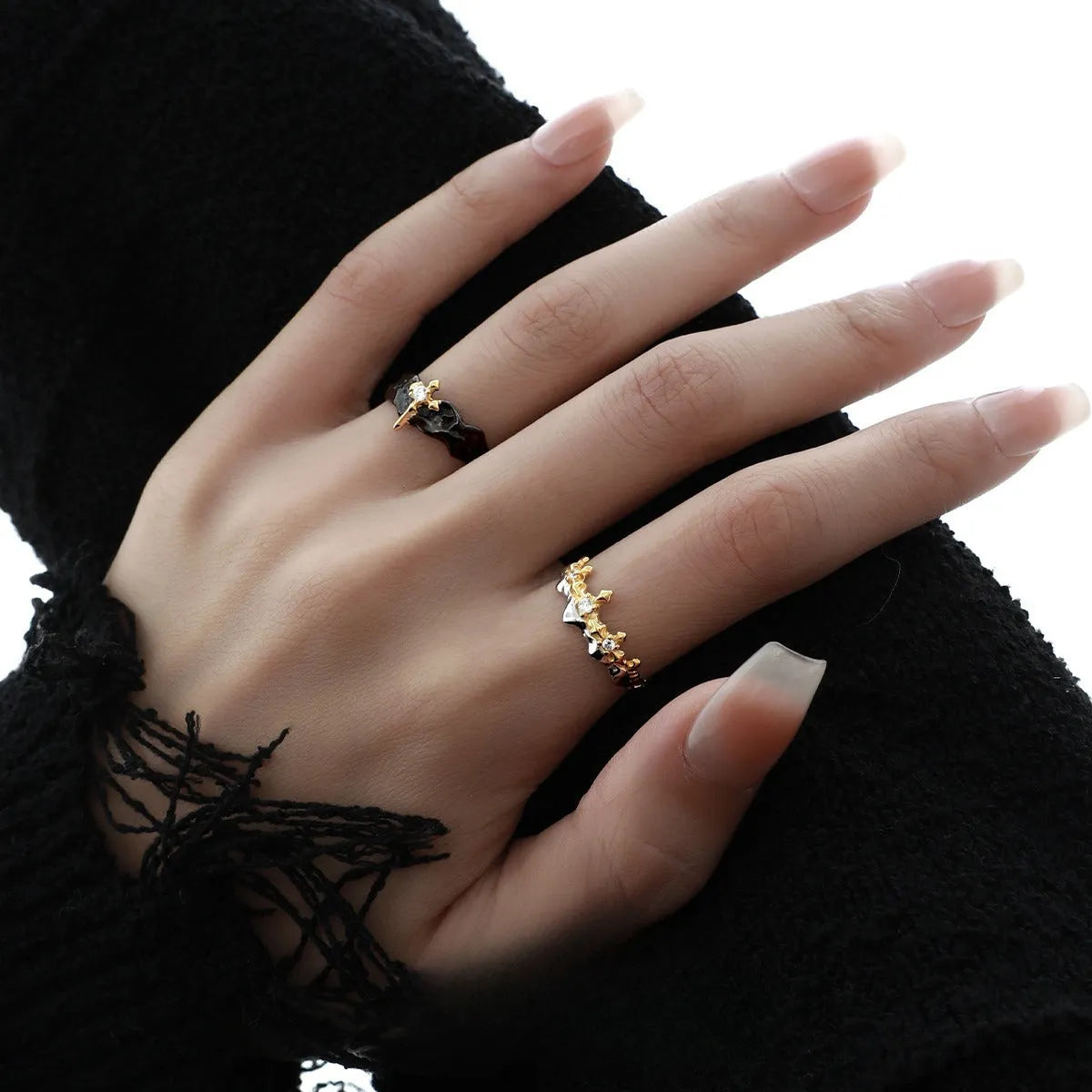Princess Knight adjustable silver ring with white gold or black gold electroplated finish.