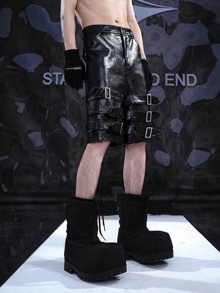 Men's black PU leather casual cropped shorts with leather ring detailing, medium to low waist design
