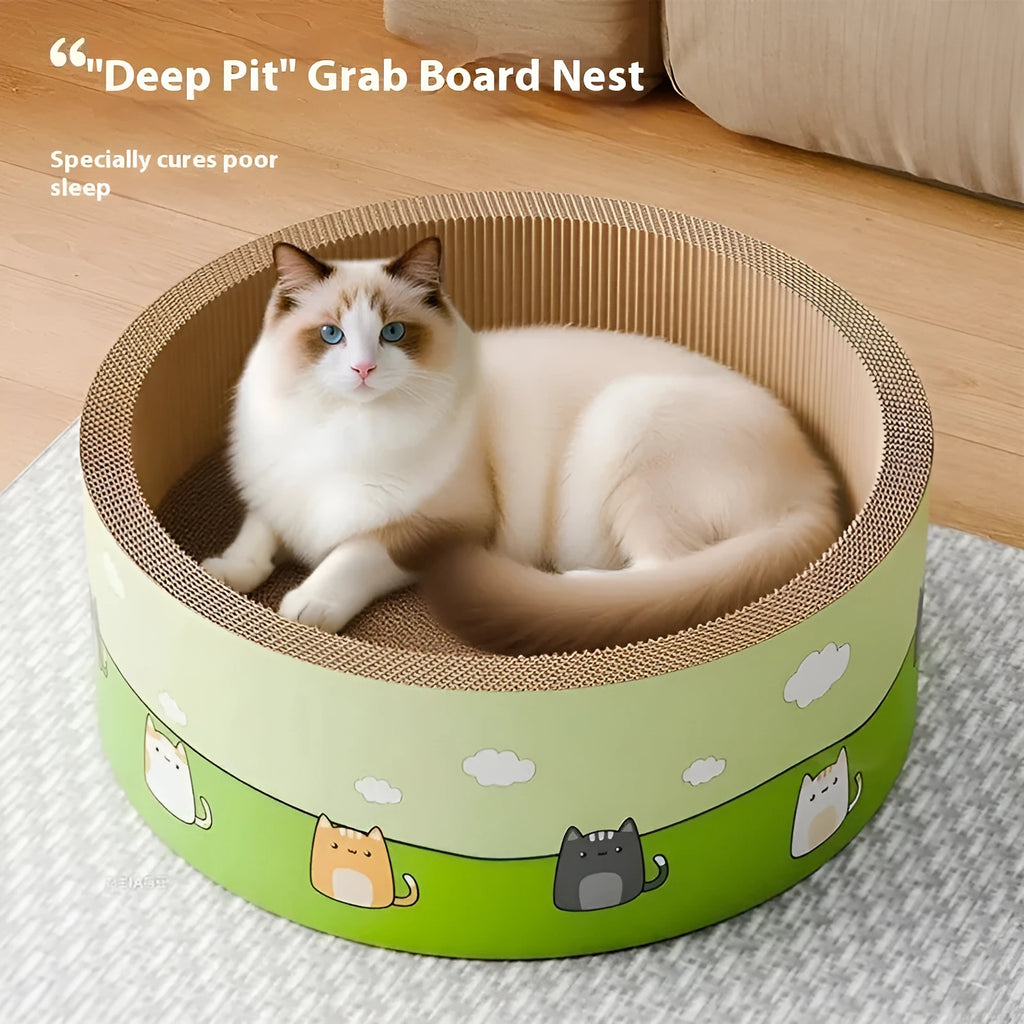 Large round cat scratch board with deepening pit design made from brown corrugated paper