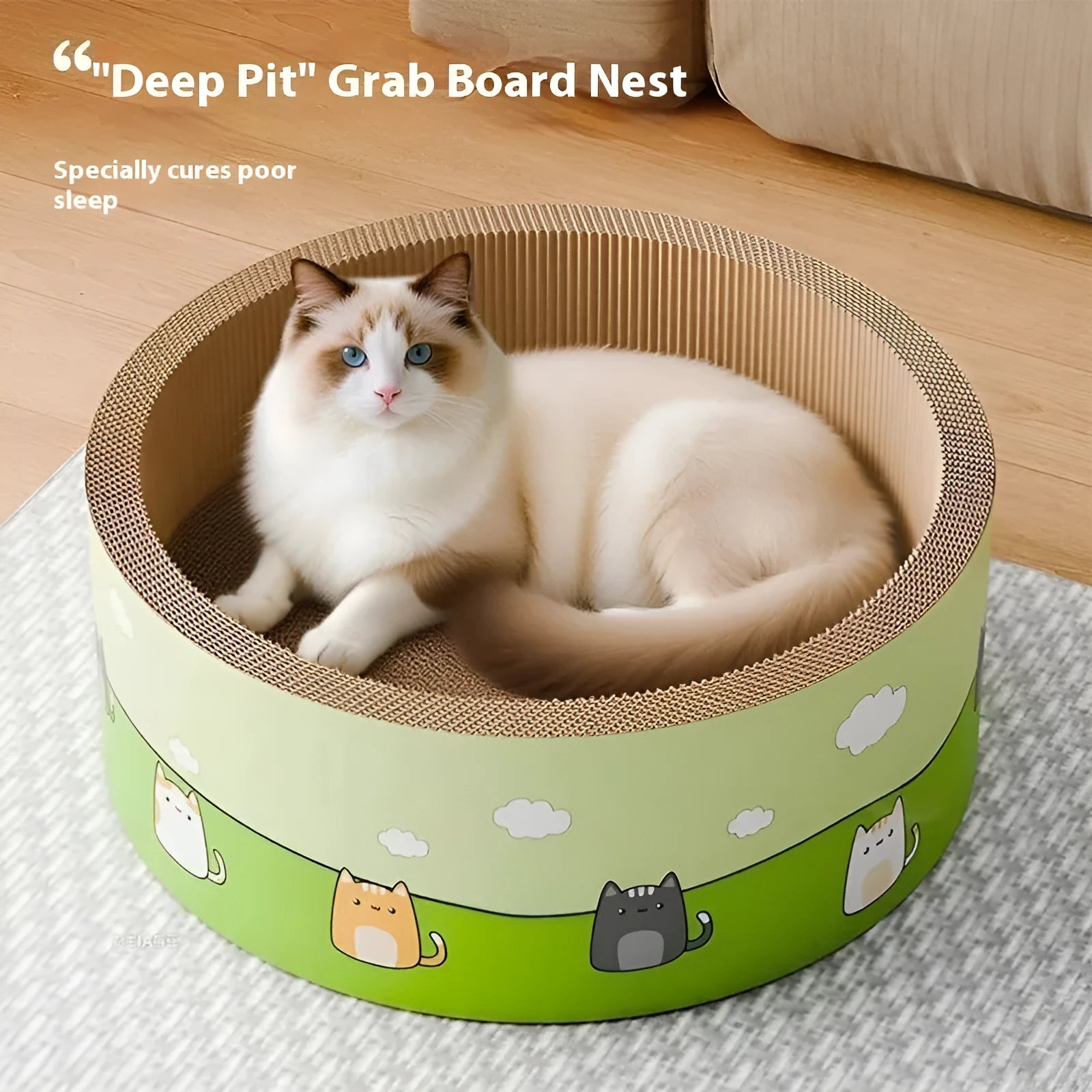Large round cat scratch board with deepening pit design made from brown corrugated paper