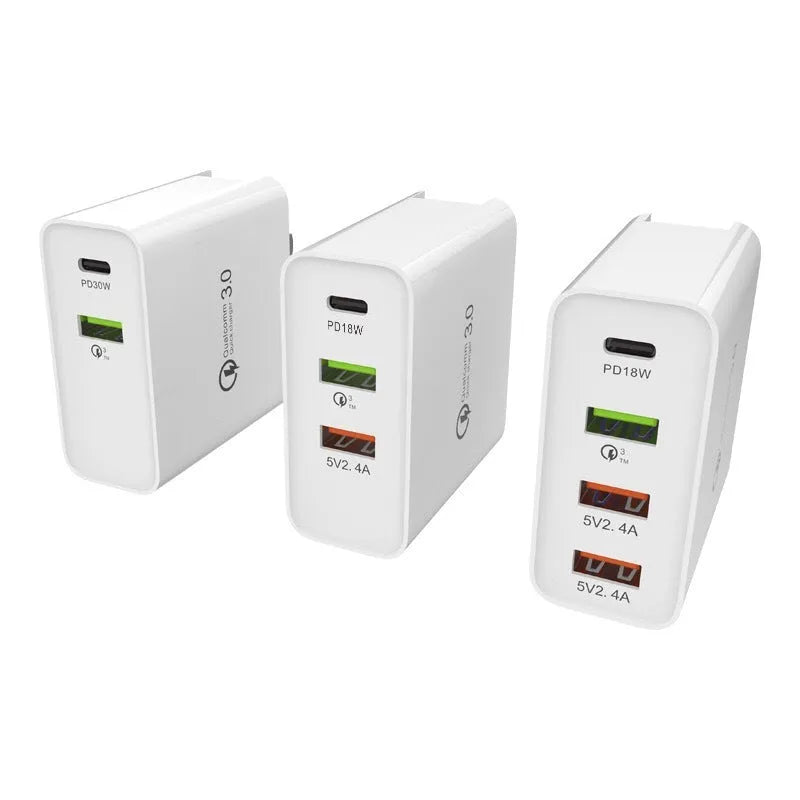 Multi-port mobile phone fast charger with PD and QC technology in black ABS plastic housing
