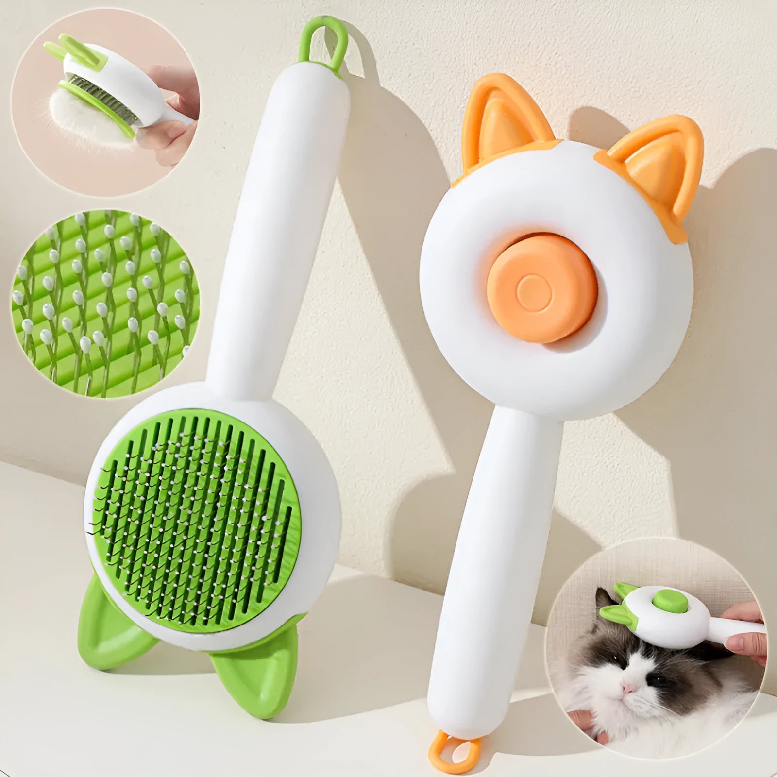 Self-cleaning cat grooming comb with stainless steel teeth in greenish white colour