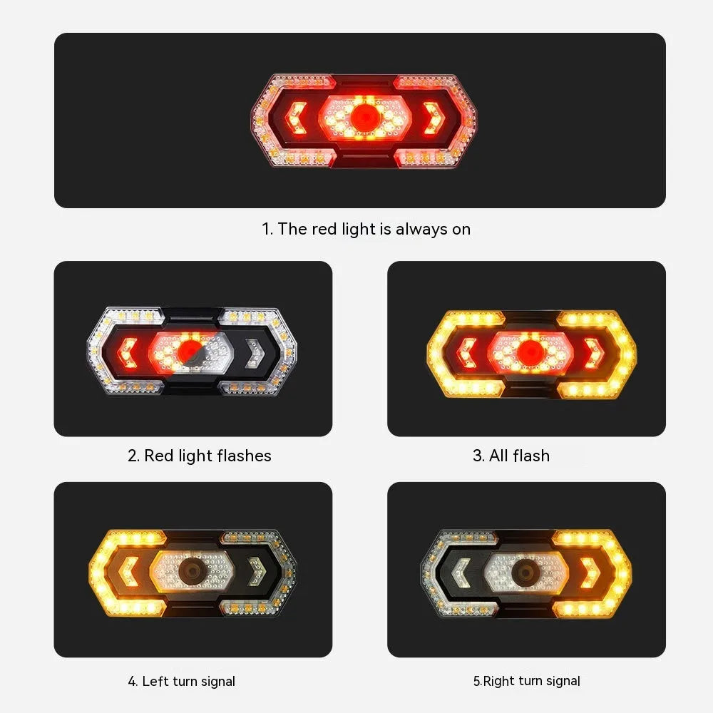 Black wireless remote control motorcycle LED taillight with USB charging port.