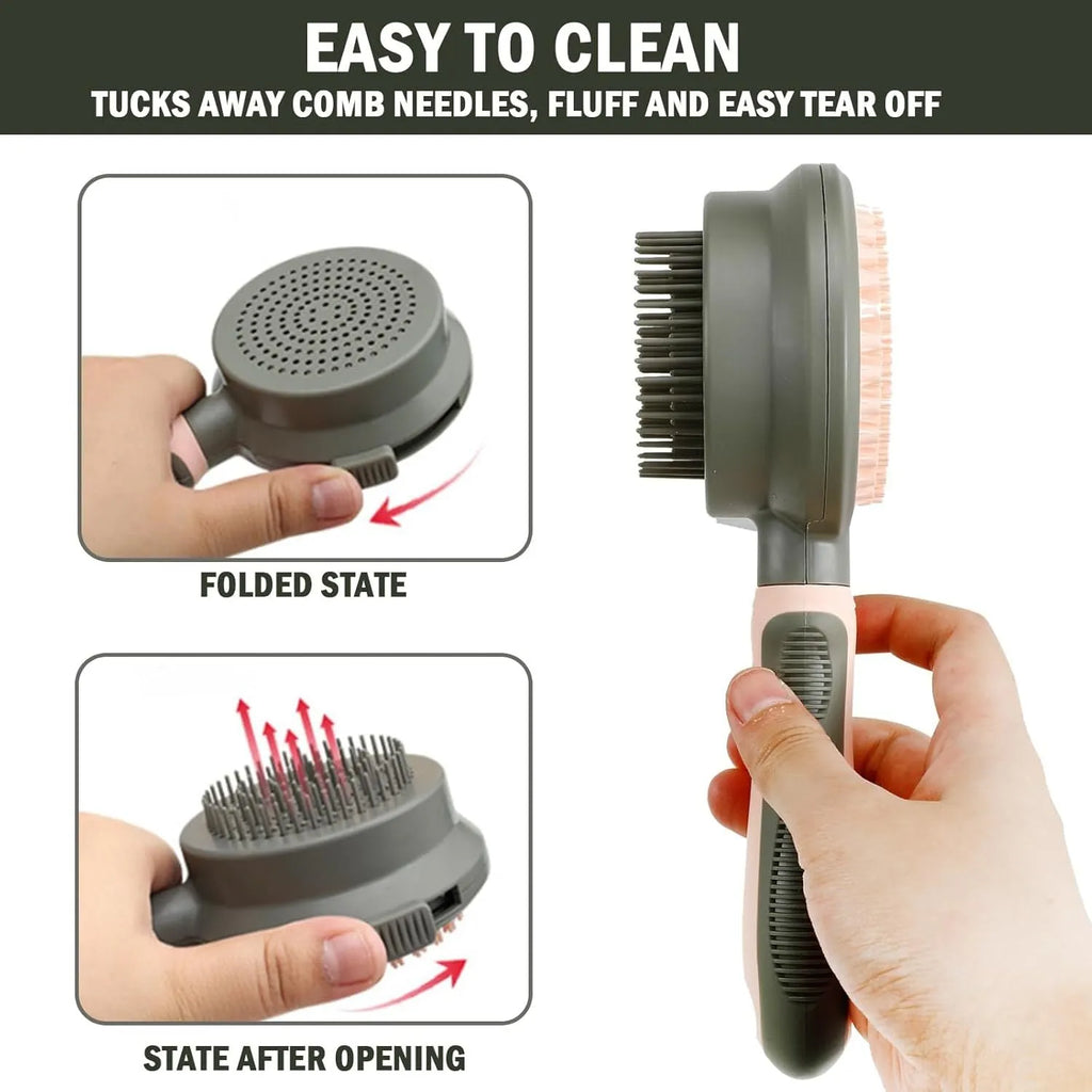 Double-sided pink cat brush with release button and a separate black flea comb on a white background.