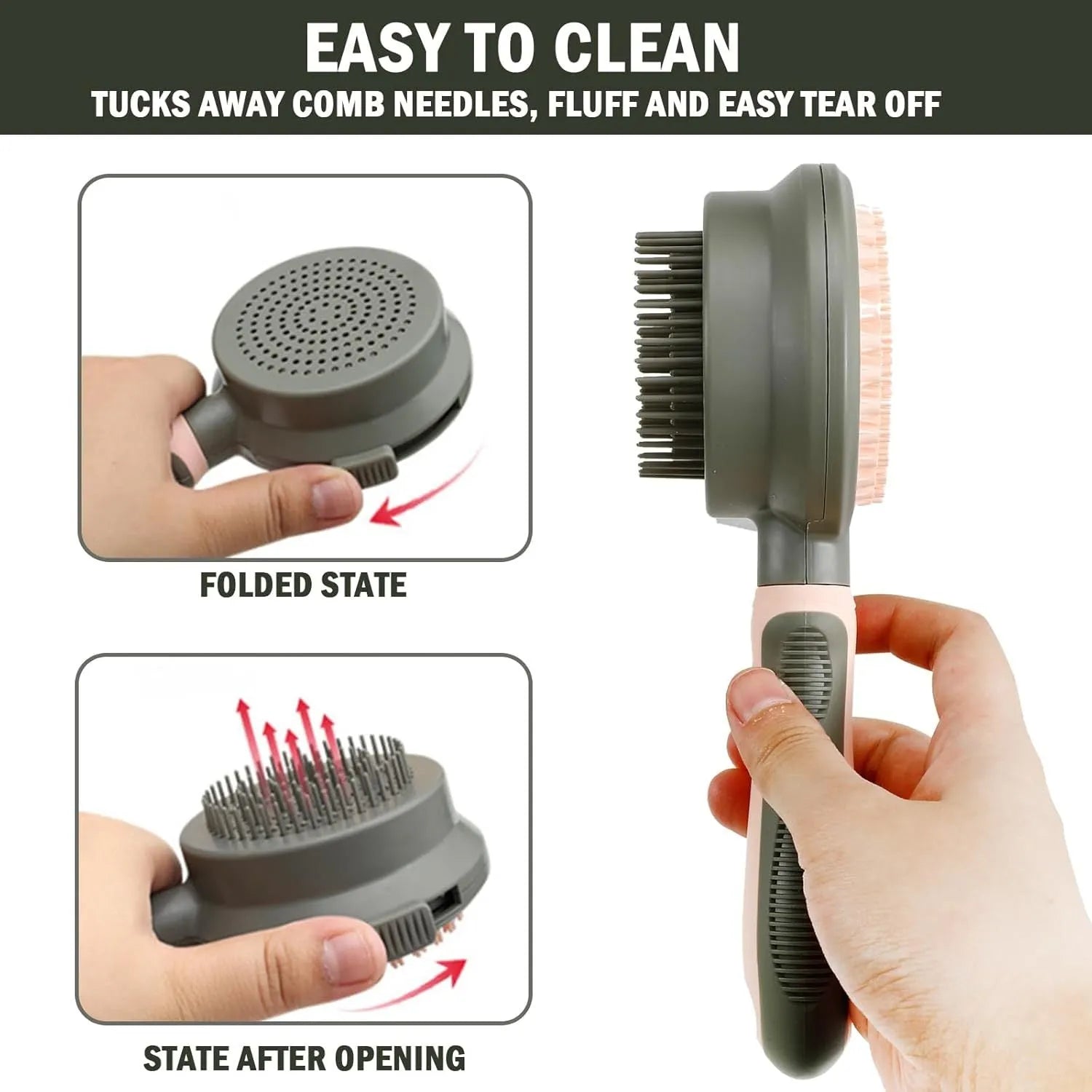 Double-sided pink cat brush with release button and a separate black flea comb on a white background.