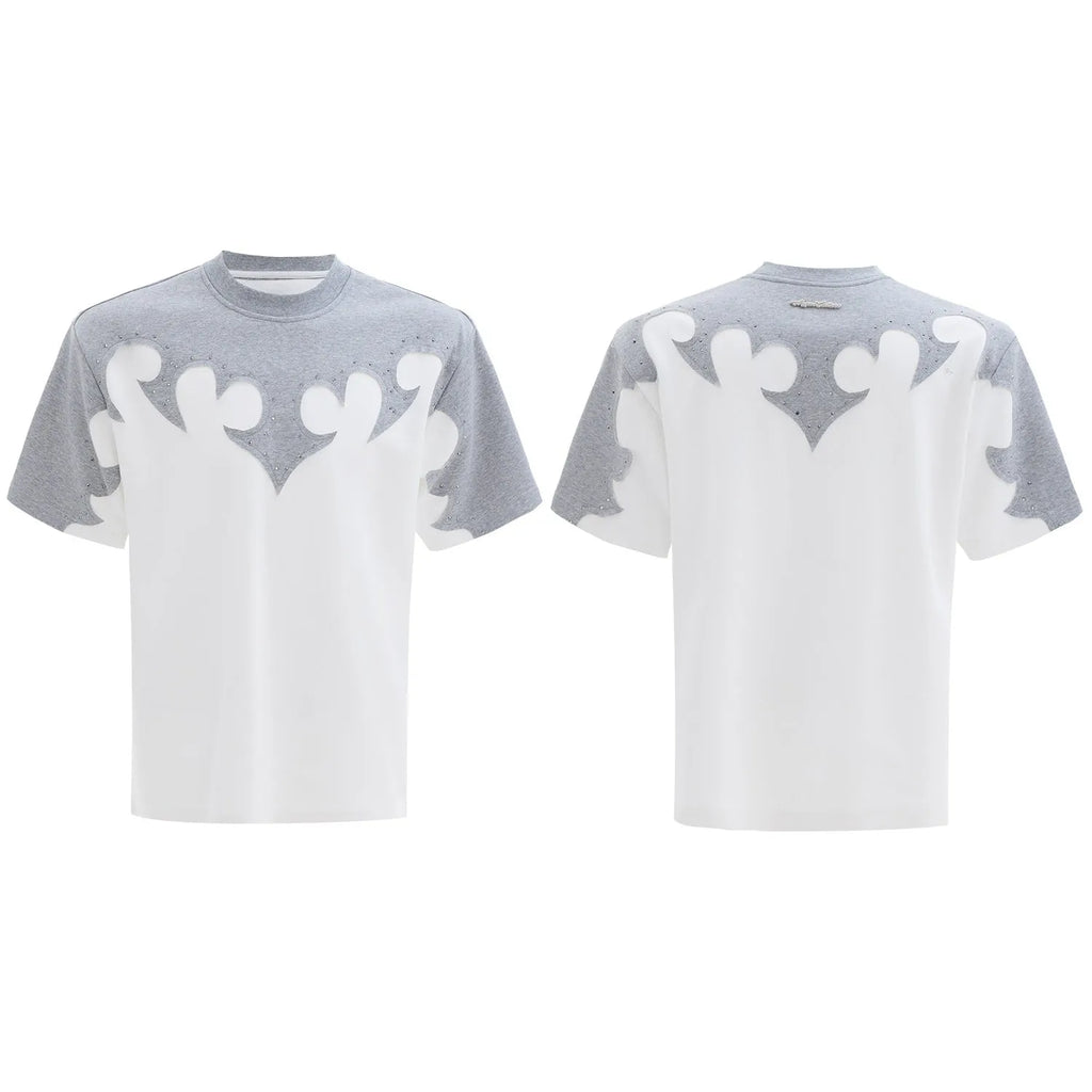 Men's red cotton t-shirt with three-dimensional burnt flower stitching and rhinestone decoration on front