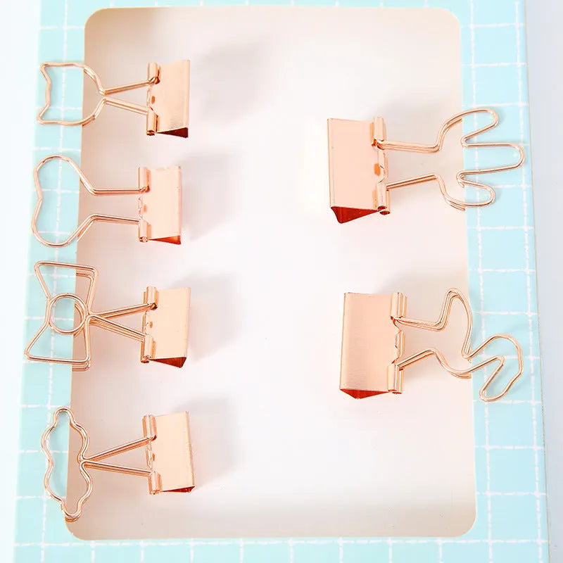 Creative gold-plated long tail paper clip with decorative top shaped like a bow, cactus, cat, flamingo, love, or cloud.