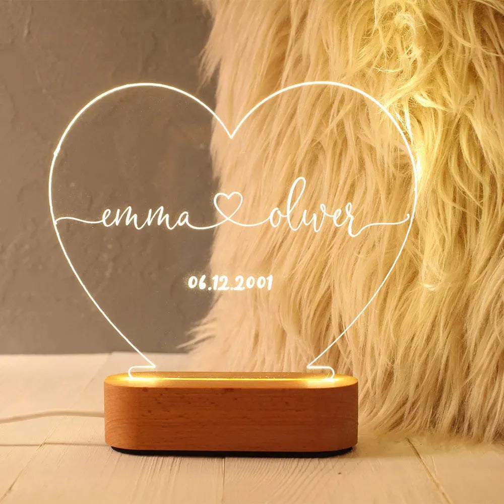 Custom personalised night light with names and date for Valentine's Day anniversary gift