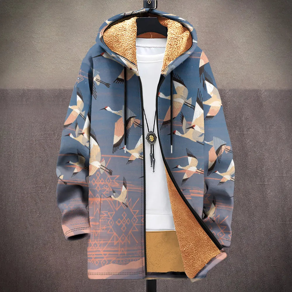 Man wearing a multicolour patterned zip-up hooded cardigan in a loose casual fit.