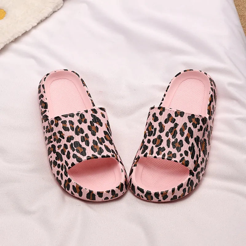 Women's leopard print slippers with thick EVA sole in multiple colour options.