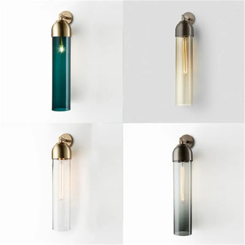 Nordic modern minimalist glass wall lamp with multiple light colour options including blue and amber.