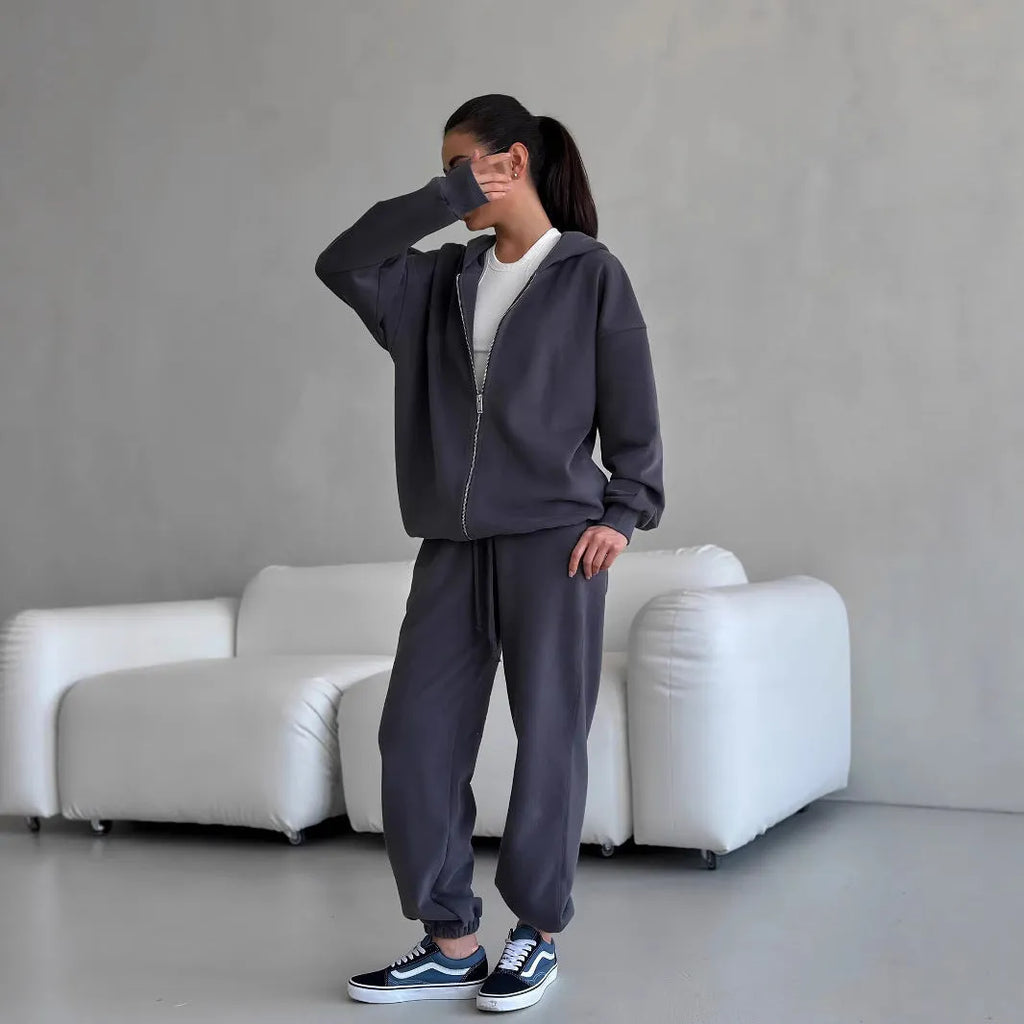 Street style long-sleeved coat and trousers two-piece set in solid colour loose fit