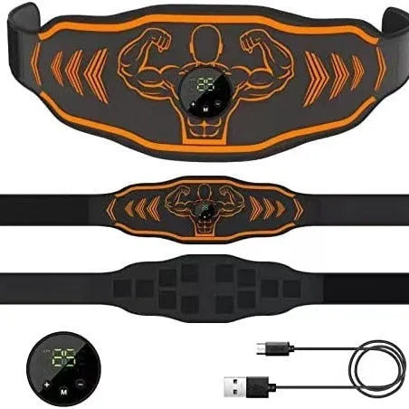 Blue and orange EMS smart massage belts with arm electrode patches and rechargeable host units