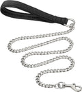 Heavy duty metal dog leash with padded handle in black, blue, or red colours