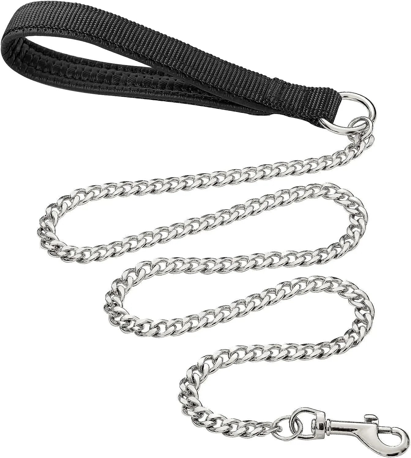 Heavy duty metal dog leash with padded handle in black, blue, or red colours