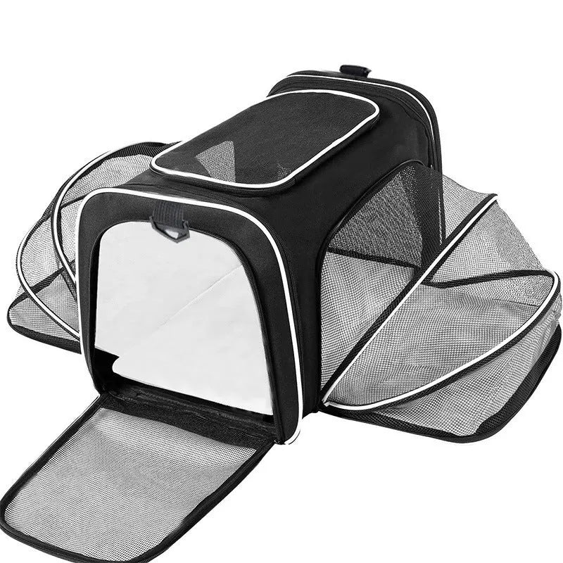 Black cat carrier bag made from 600D fabric with red piping and carrying handle