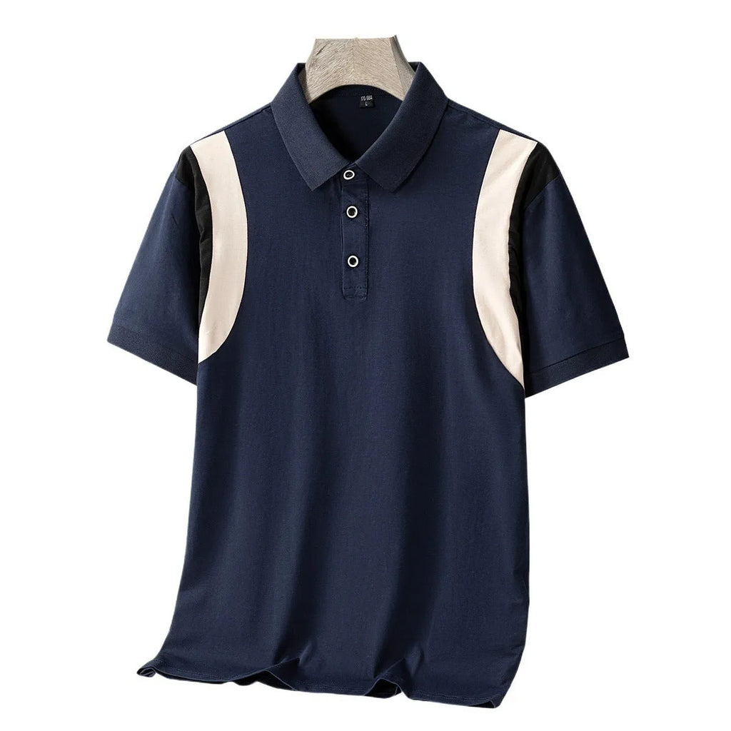 Men's thin cotton business lapel short-sleeved T-shirt in striped pattern with loose Korean fit