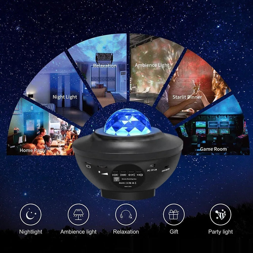 Black parallel style starry sky projection lamp with rotating water ripple laser effects on desktop