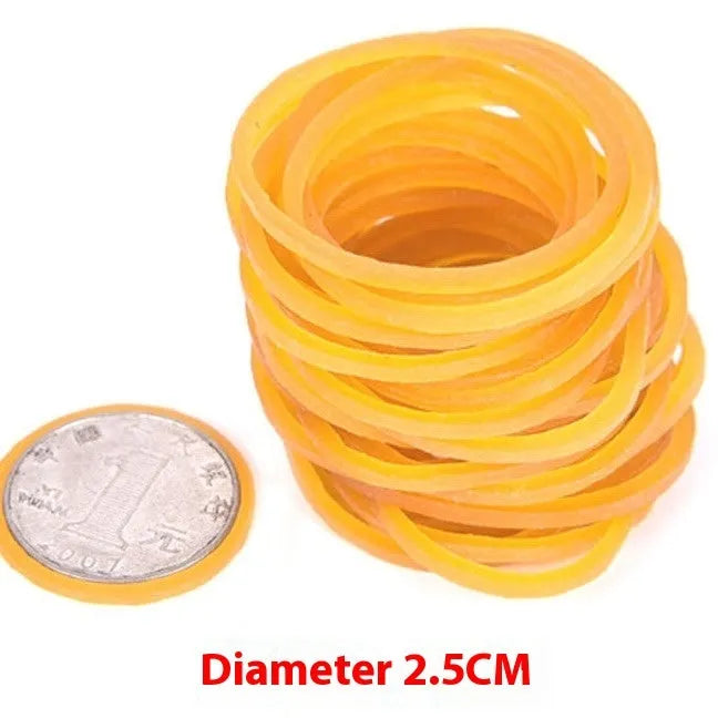 500g pack of bright yellow rubber bands showing assorted sizes from 25mm to 70mm diameter.