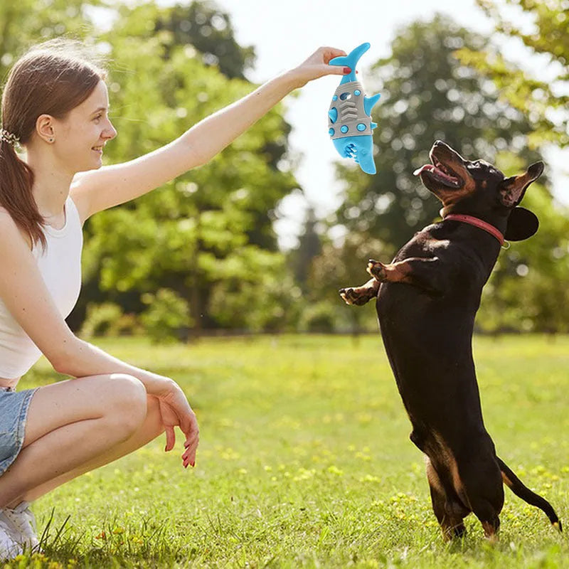 Blue leaky dog chew toy with shark-tooth texture for teeth cleaning and bite-resistant design