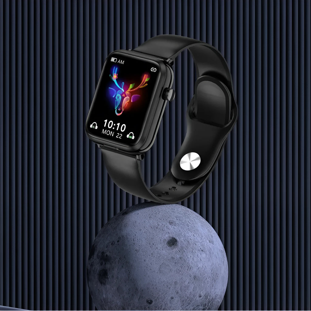 Black zinc-alloy smartwatch with 1.69-inch touchscreen, functioning as a Bluetooth headset and fitness tracker.
