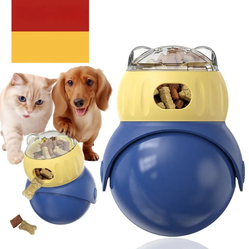 Morandi yellow and blue plastic tumbler owl self-service cat feeder puzzle toy