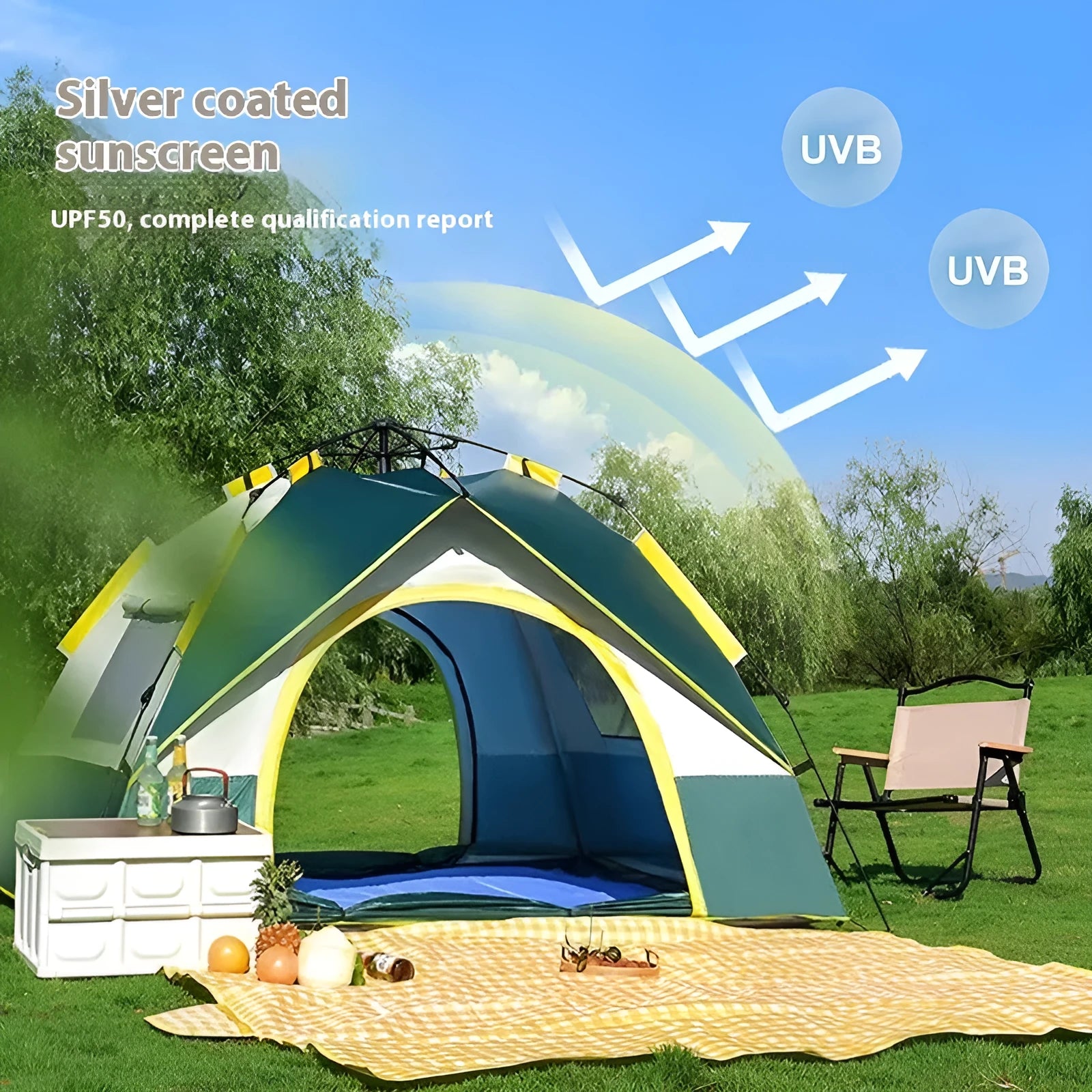 Dark green silver glue camping tent for 3-4 people with automatic quick-open setup