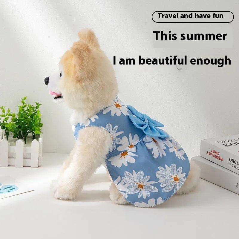 Pet princess dress with floral butterfly knot in ultra-thin polyester fabric for summer wear
