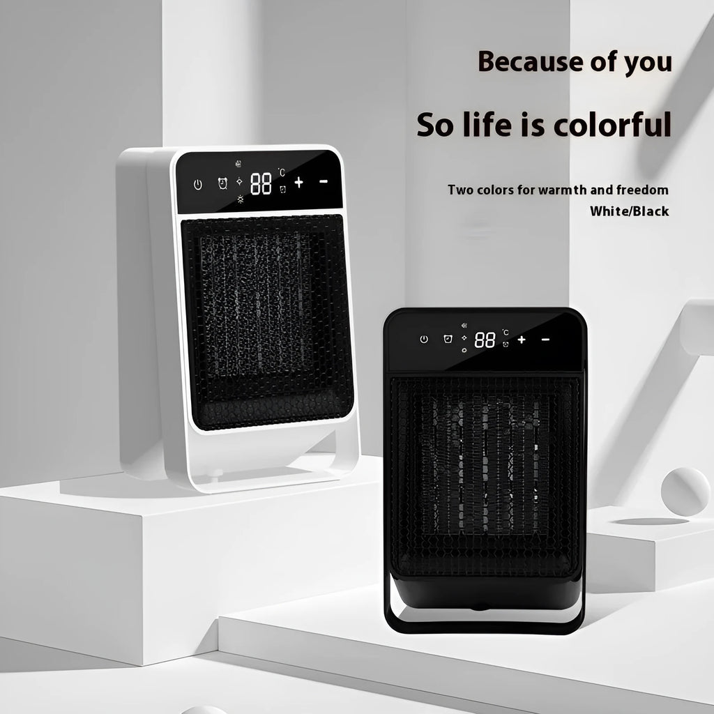 Desktop electric heater with digital touch screen display and remote control in black or white colour options