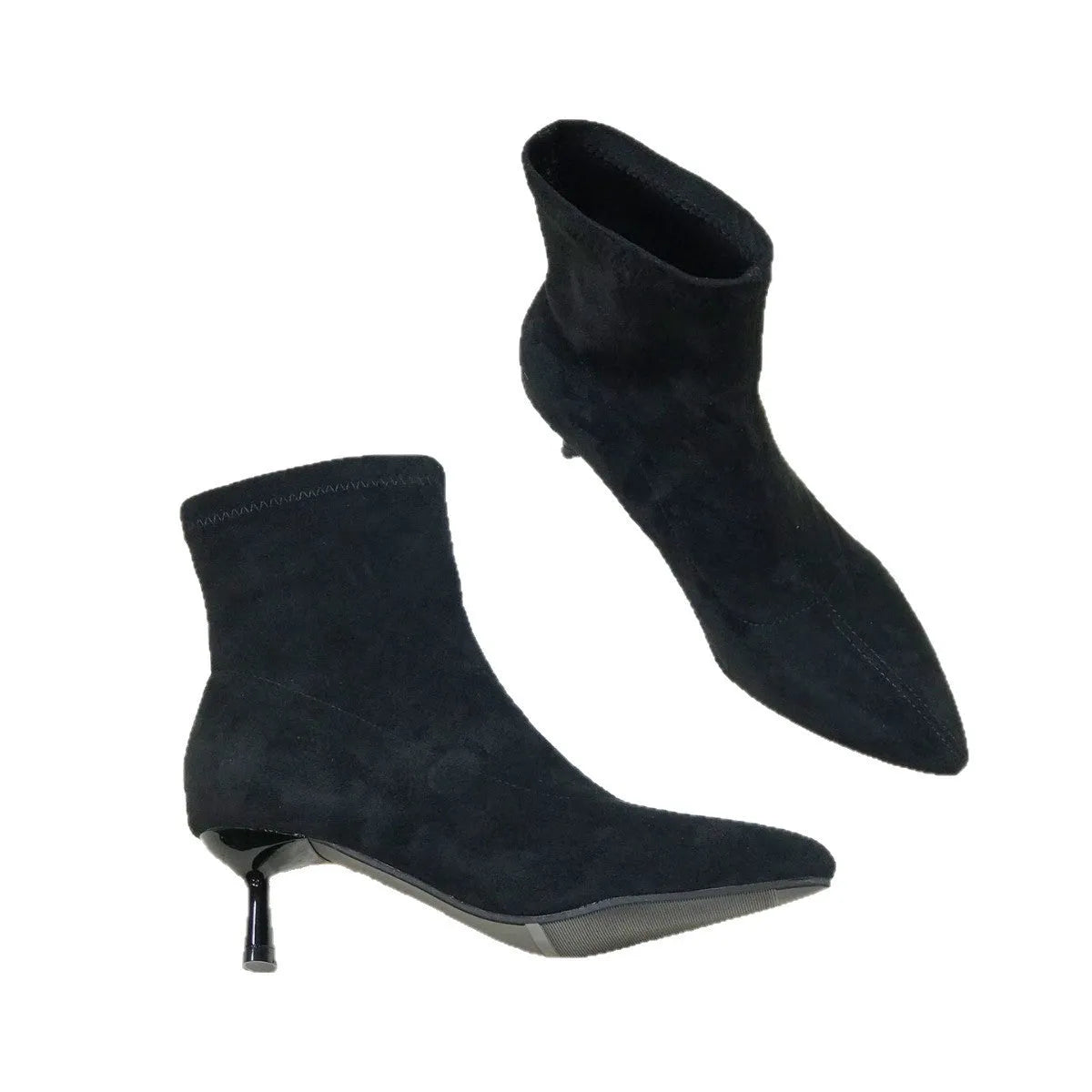 Women's black ankle boots with pointed toe and stiletto heel, mid-calf length