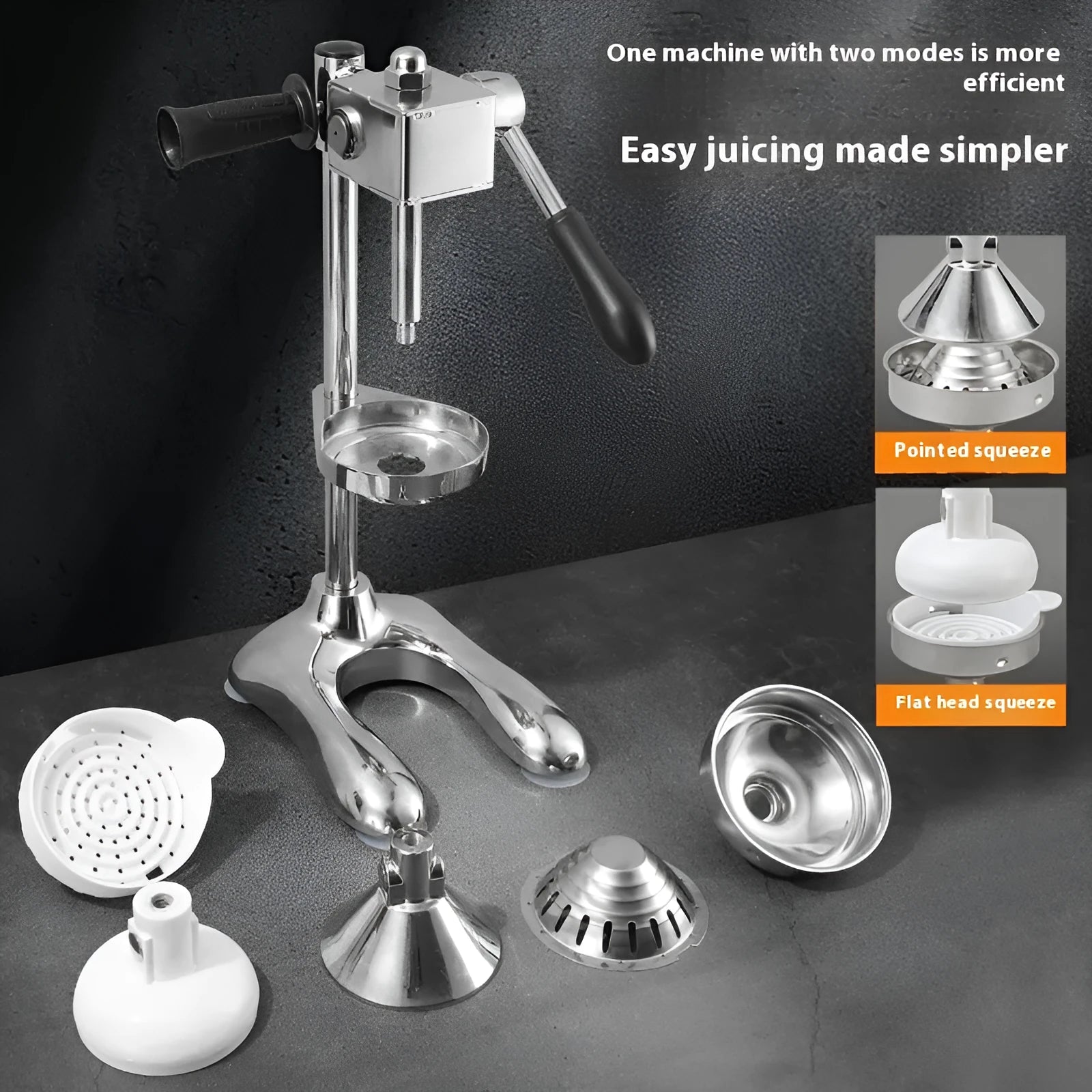 Vertical stainless steel manual juicer with zinc alloy construction in multiple colour options