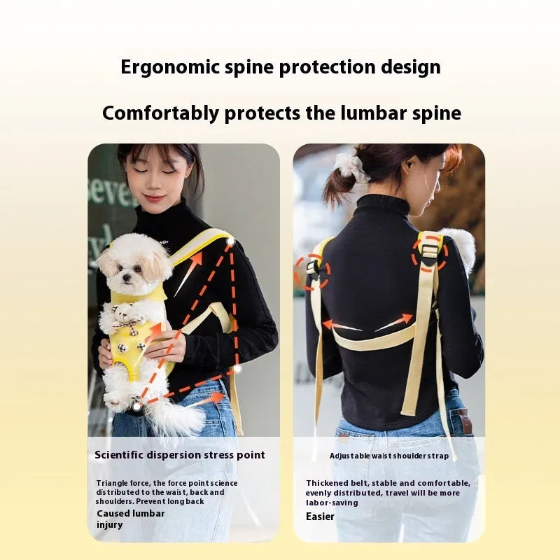 Cartoon animal design pet chest bag with colourful stitching on soft canvas material