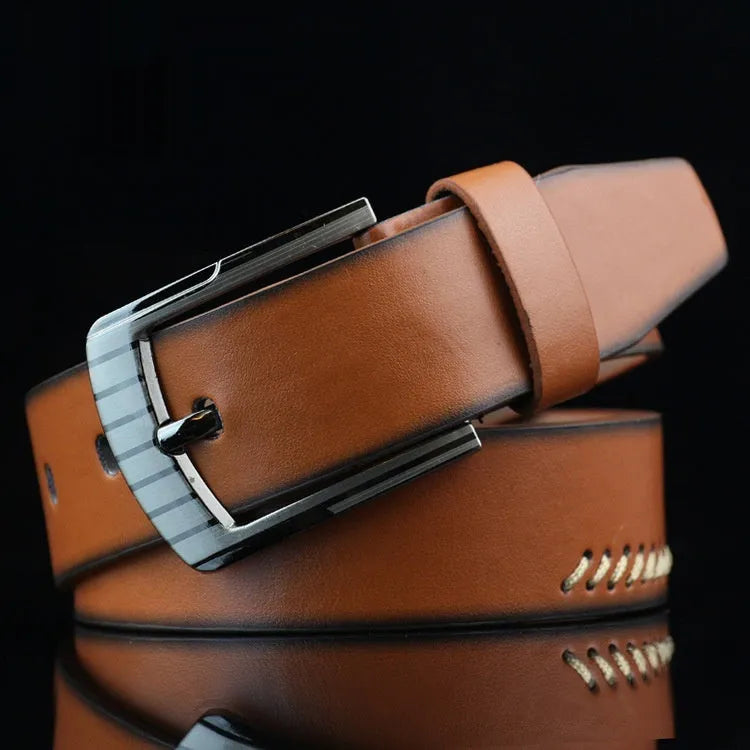 Men's retro-style casual belt with a pin buckle, shown in black, white, and brown colour options.
